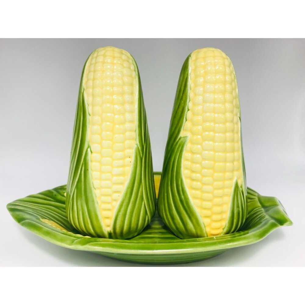 Vintage Corn Cob Salt & Pepper Shakers With Plate Tray Japan Ceramic Pair Set